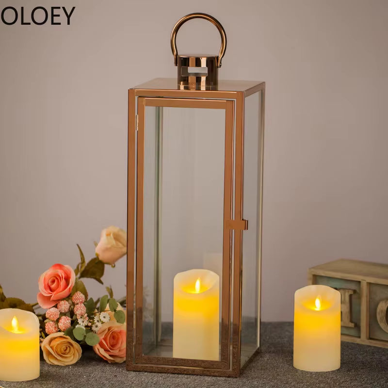 Nordic Gold Candle Holder Metal Large Windproof Wind Lamp Wedding Centerpieces Candlestick Crystal Candelabra Candle Lantern